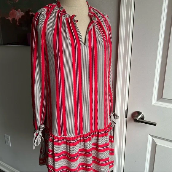 LOFT Striped Tunic Dress SP Bow Sleeves Drop Waist Coastal Preppy Chic - Picture 2 of 6